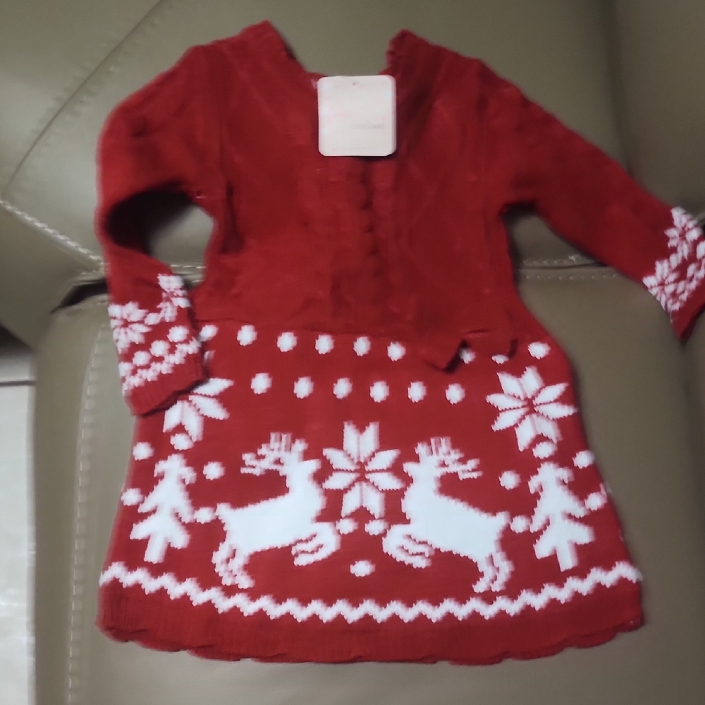 Festive Red Knit Dress with Reindeer Pattern